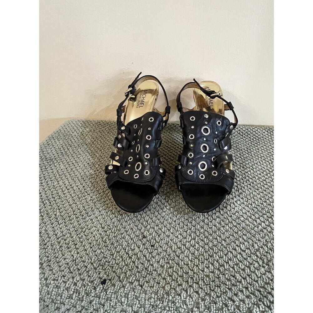 Michael Kors Women's Slingback Leather Grommet Heeled Platform Blk Sz 9 M